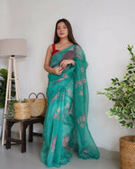 Thumbnail for Vamsee Aqua Green Organza Saree - Distacart