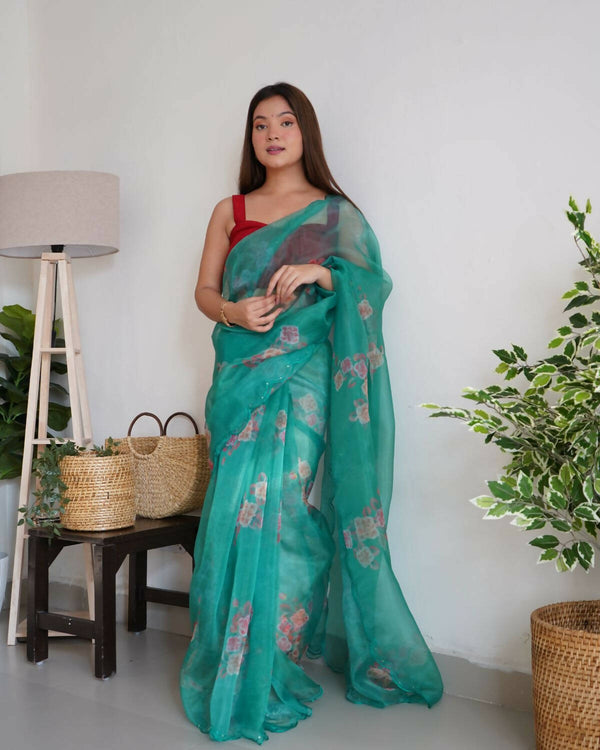 Vamsee Aqua Green Organza Saree - Distacart
