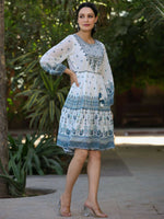 Thumbnail for Juniper Women Off-White Georgette Printed Short Tiered Dress with Embroidered Yoke - Distacart