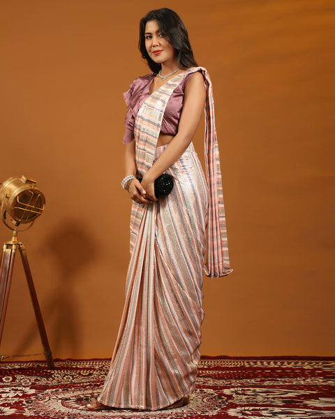 Peach Pure Georgette Sequence work Ready to wear Saree with stitched Blouse - Satiksha - Distacart