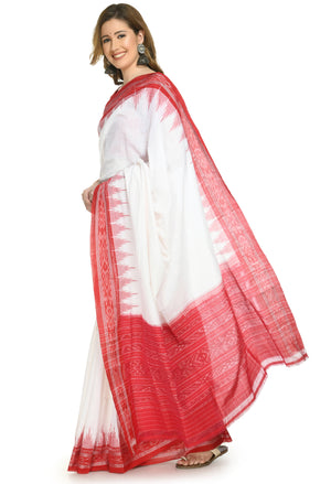 Vamika Sambalpuri Ikat Cotton Plane Kumbha White & Red Saree - Distacart