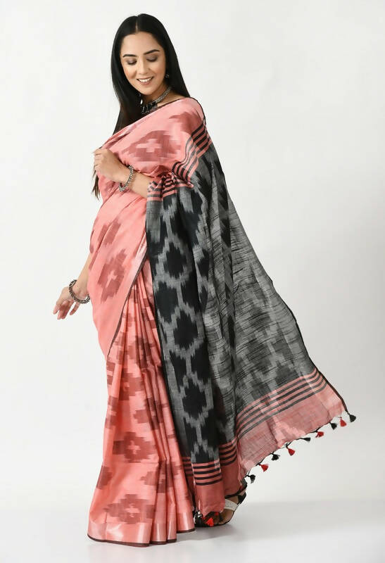 Mominos Fashion Moeza Gajari & Black Bhagalpuri Handloom Ikat Pure Cotton Saree with unstitched Blouse piece - Distacart