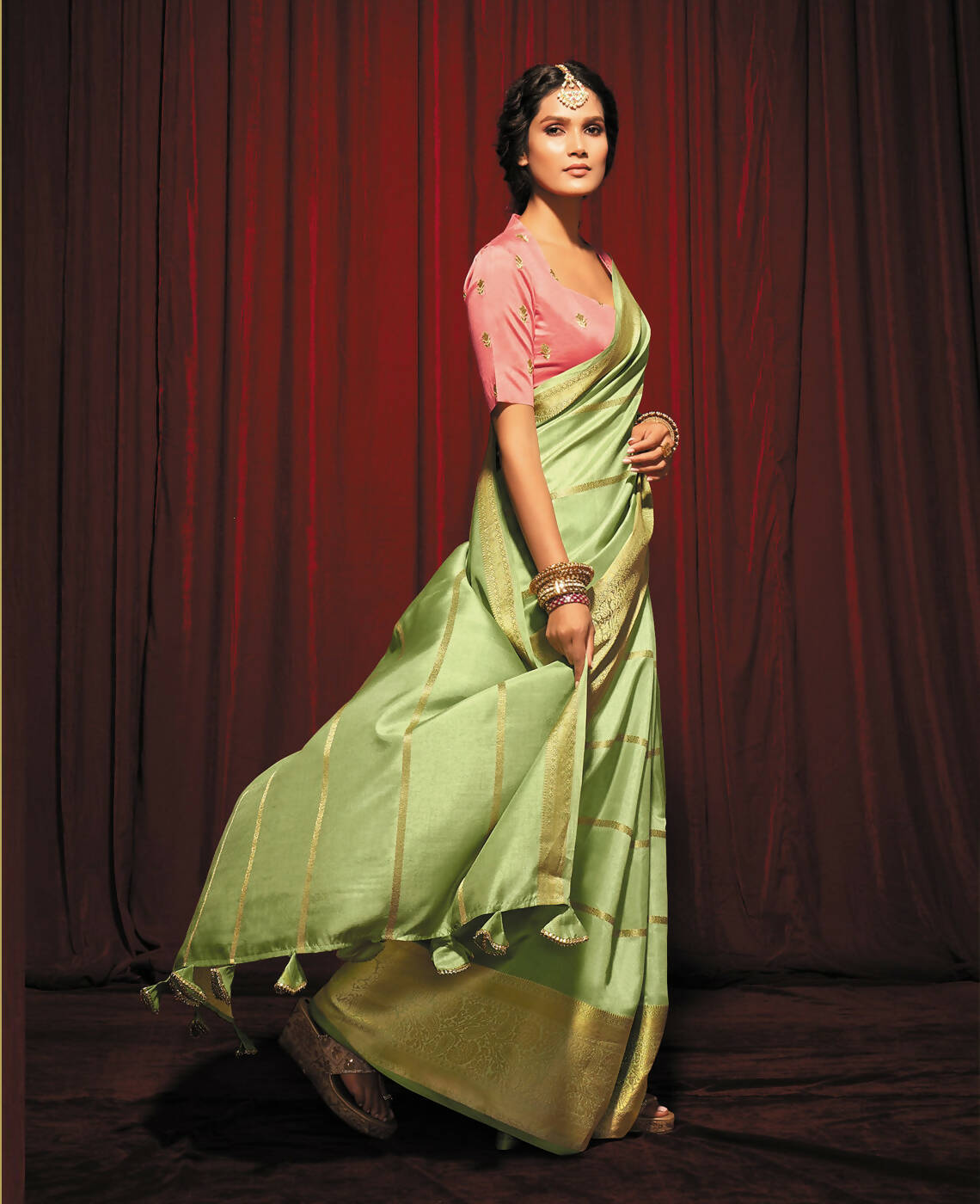 Green Silk Striped Pattren Saree With Unstitched Blouse Piece - Zyanya - Distacart