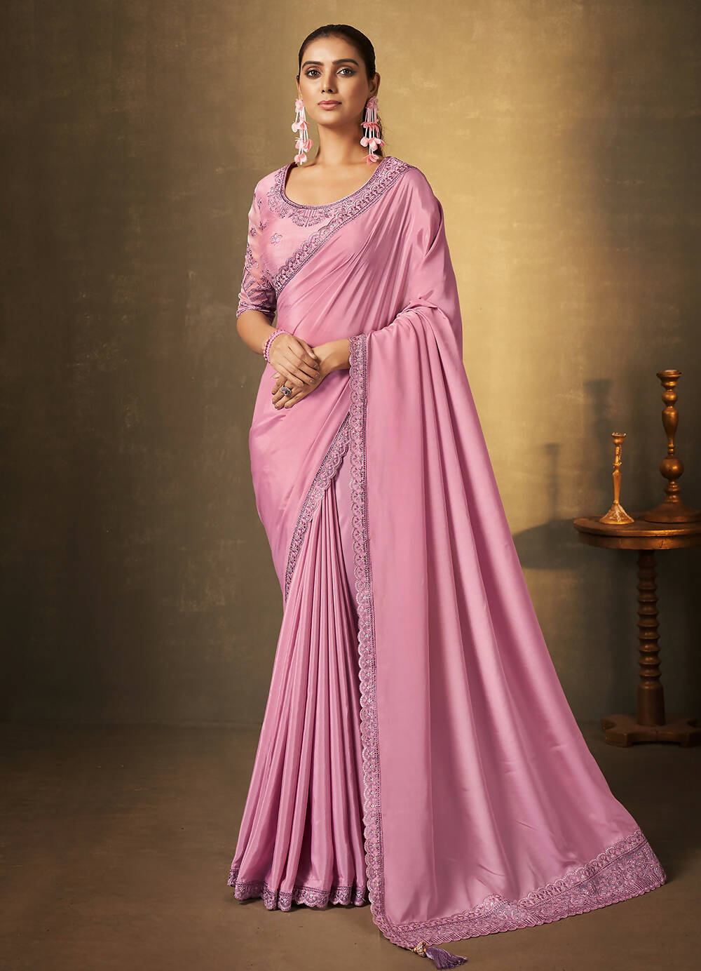 Pink Crepe Georgette Silk Cord Embroidered with Swaroski Work Saree With Unstitched Blouse Piece - Norita Royal Erisha - Distacart