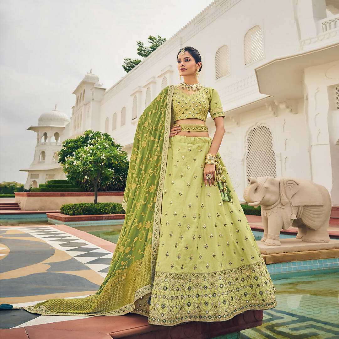 Olive Green Heavy Viscose Khatli, Embroidery & Mirror Work Unstitched Lehenga Choli - Sisha Keshav - Distacart