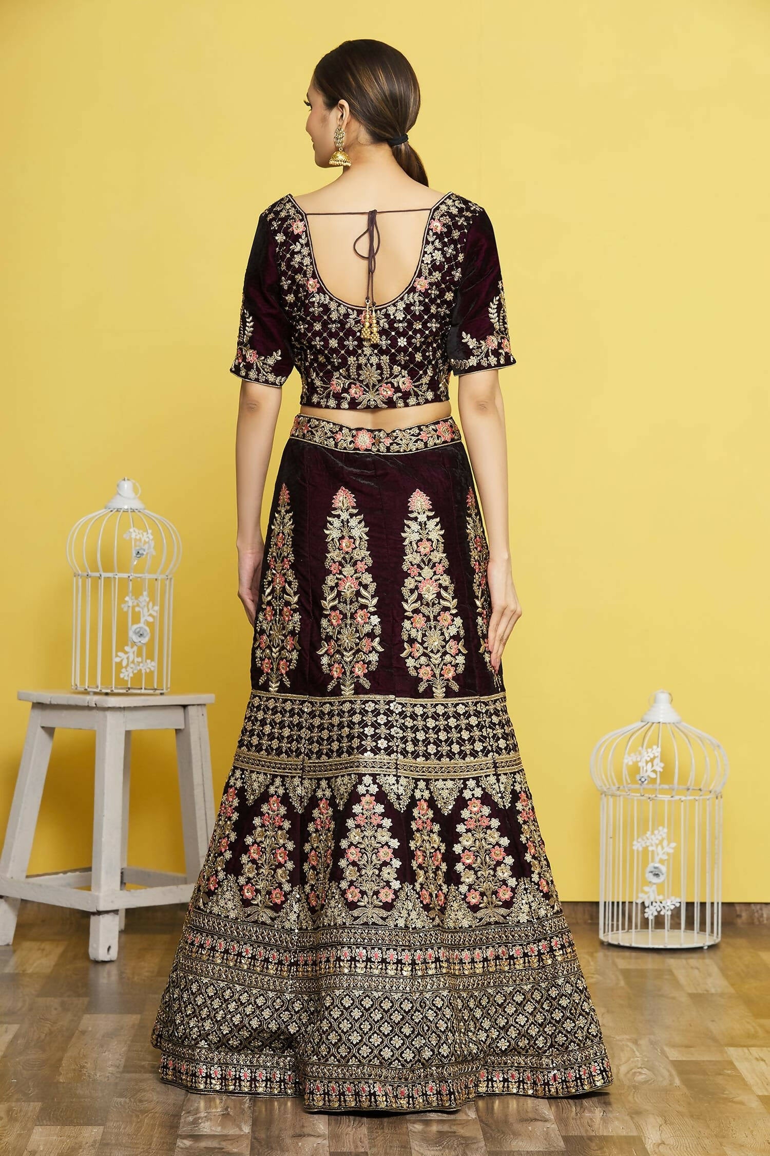 Wine Velvet Semi-Stitched Wedding Bridal Lehenga - Nimaya - Distacart