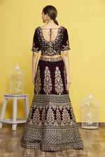 Thumbnail for Wine Velvet Semi-Stitched Wedding Bridal Lehenga - Nimaya - Distacart
