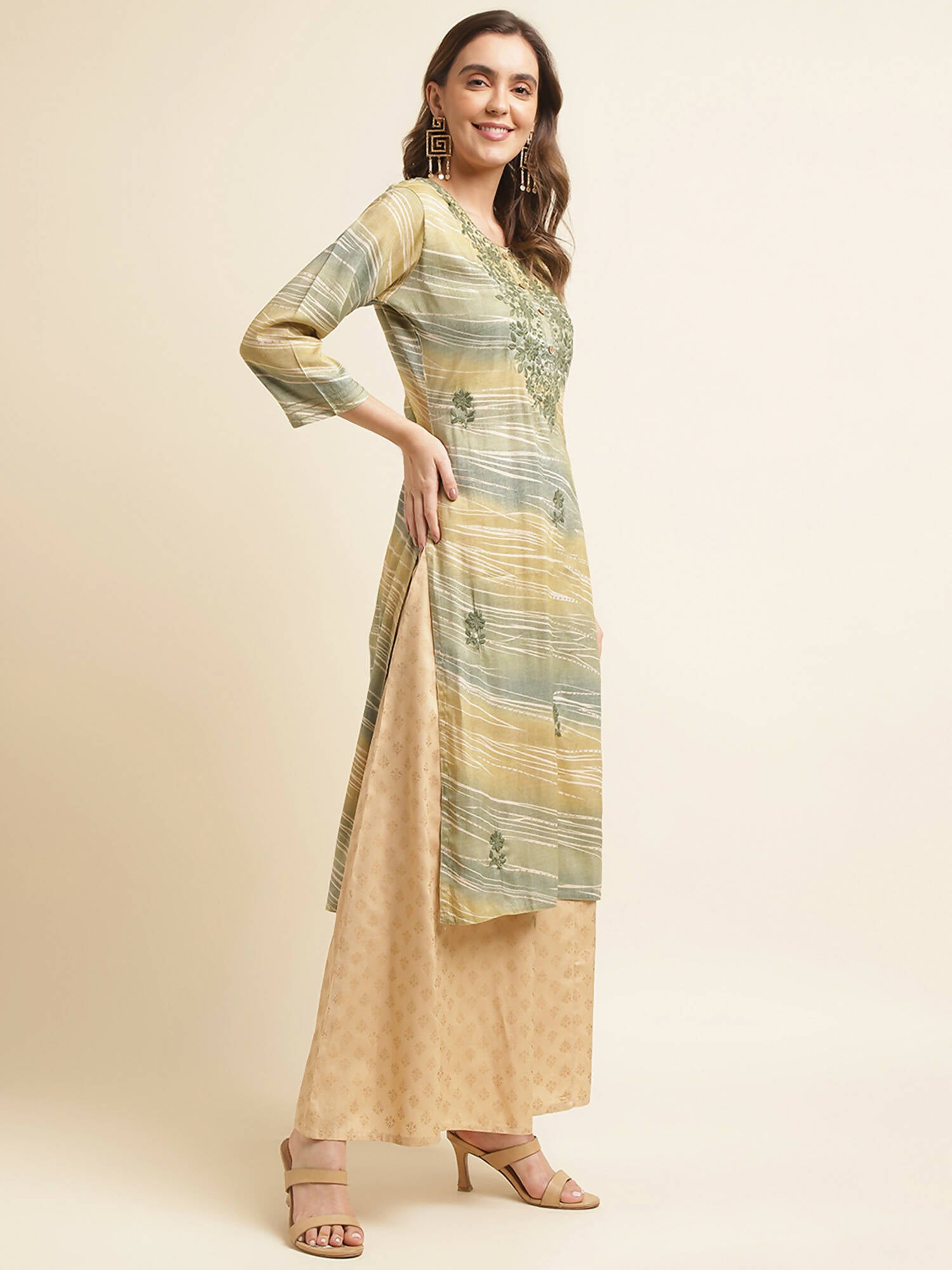 Green Poly Rayon Stripe Printed Straight Fit Kurta - Prasuti - Distacart