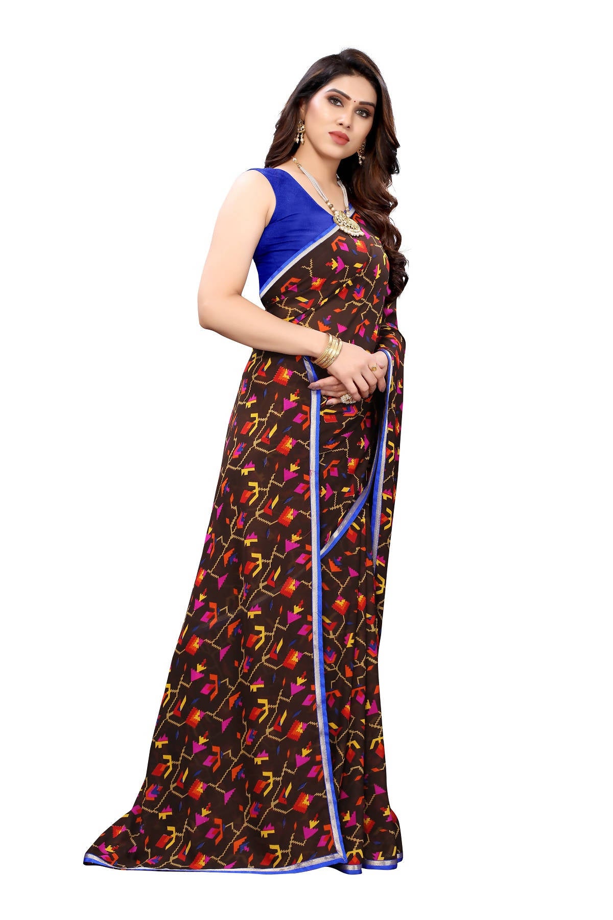 Vamika Beautiful Ethnic Fire Brown Printed With Lace Saree - Distacart