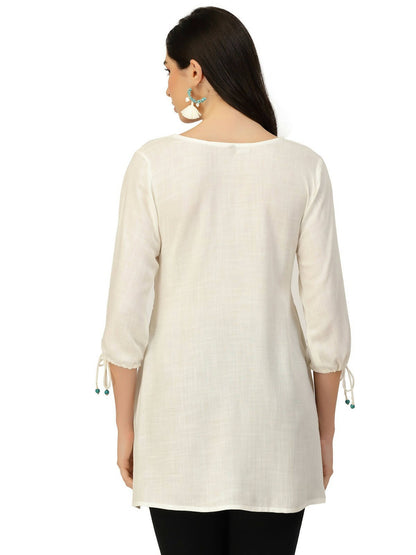 White Poly Rayon Floral Embroidered Top - Zeny - Distacart