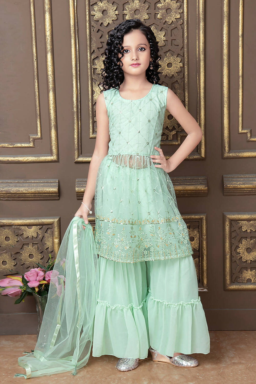 Kids Wedding Designer Teal Pure Finest Soft Net Sharara Suit - Aaradhna - Distacart