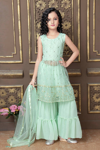 Kids Wedding Designer Teal Pure Finest Soft Net Sharara Suit - Aaradhna - Distacart