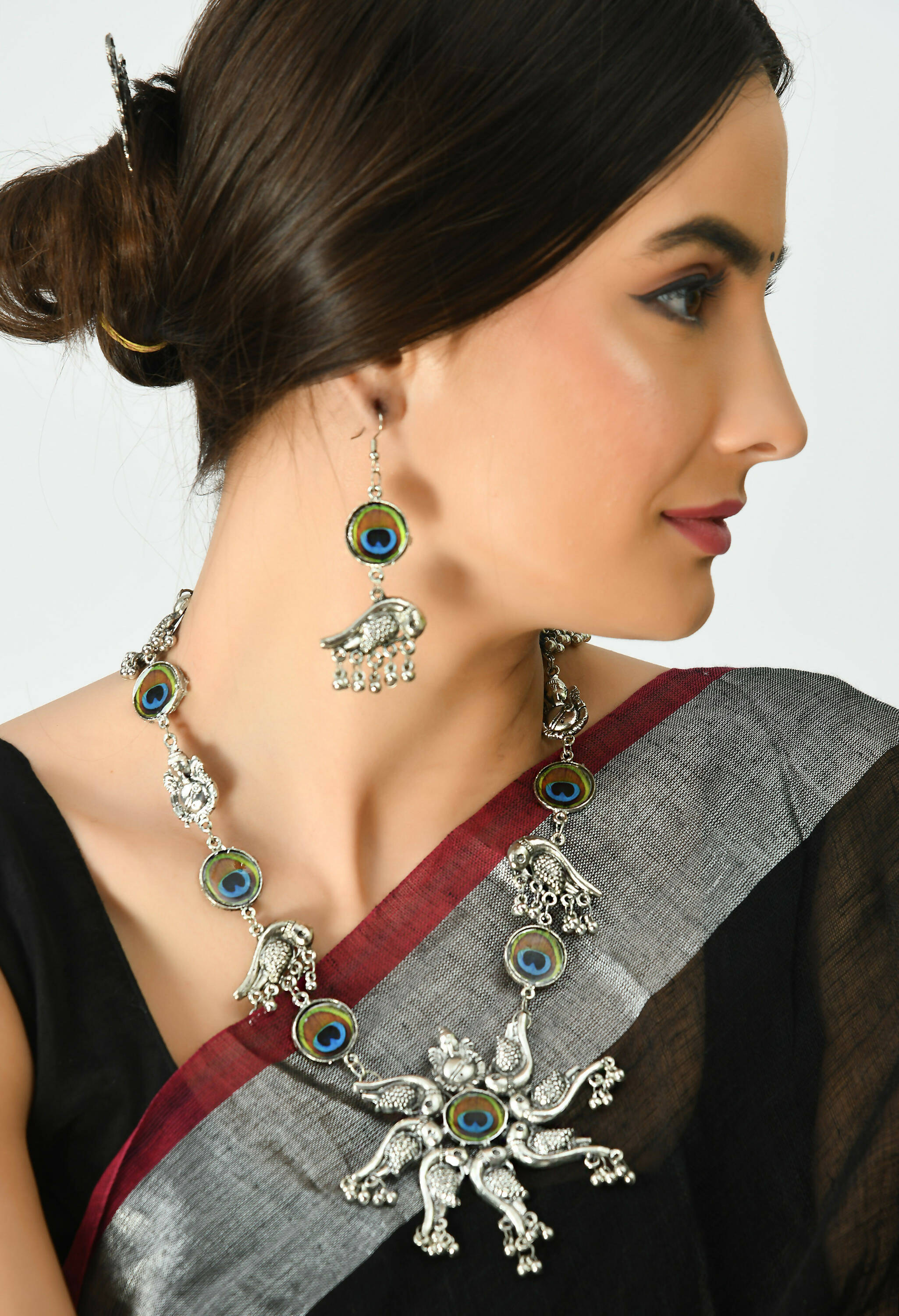 Mominos Fashion Johar Kamal Oxidised Silver-Plated Brass Finish Peacock Design Long Necklace Set For Women - Distacart