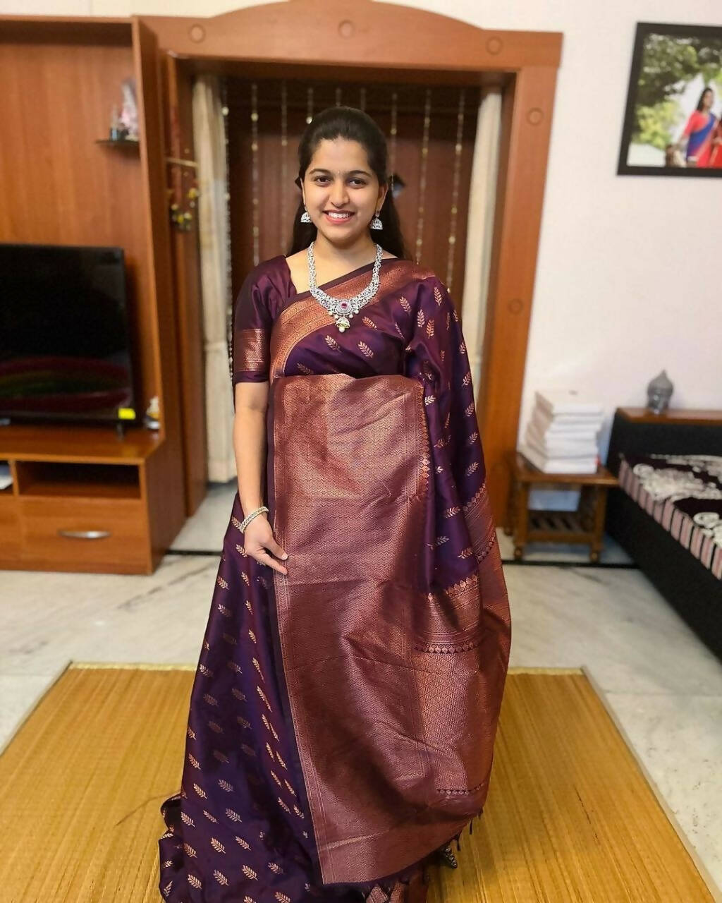 DEIANA'S Beautiful Golden Jari with New Design Soft Lichi Silk Saree - Wine - Distacart