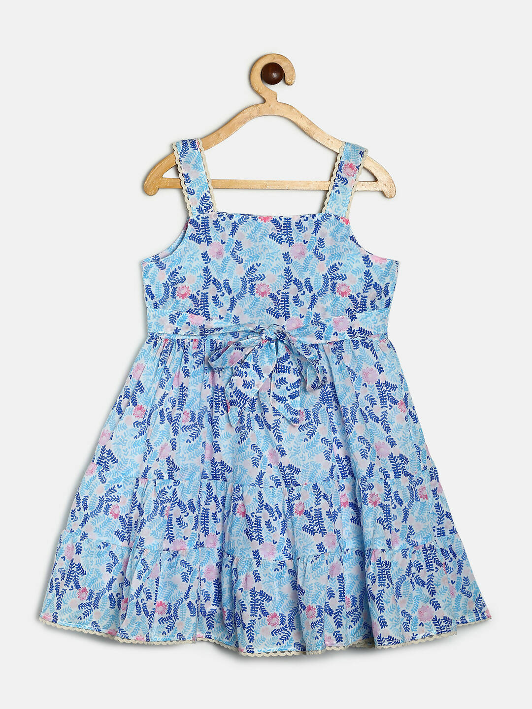 Manet Girls Cotton Layer Frock Leaf Printed - Blue - Distacart
