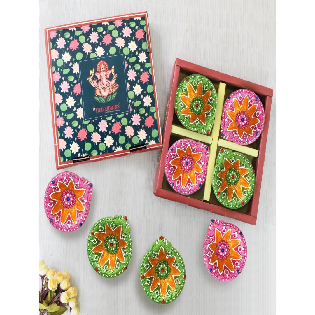 Tied Ribbons Green & Pink Set of 8 Terracotta Clay Diwali Diyas - Distacart
