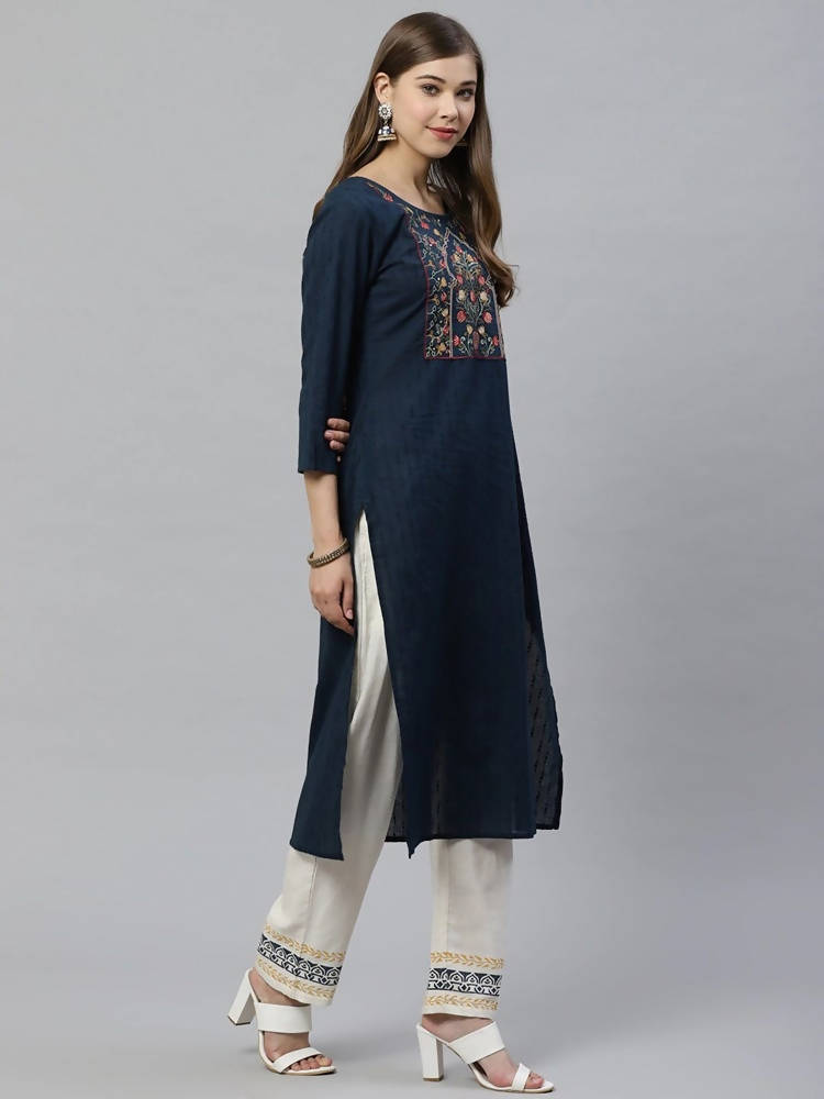 Yufta Women Navy Blue & Off-White Dobby Weaved Kurta with Trouser & Dupatta