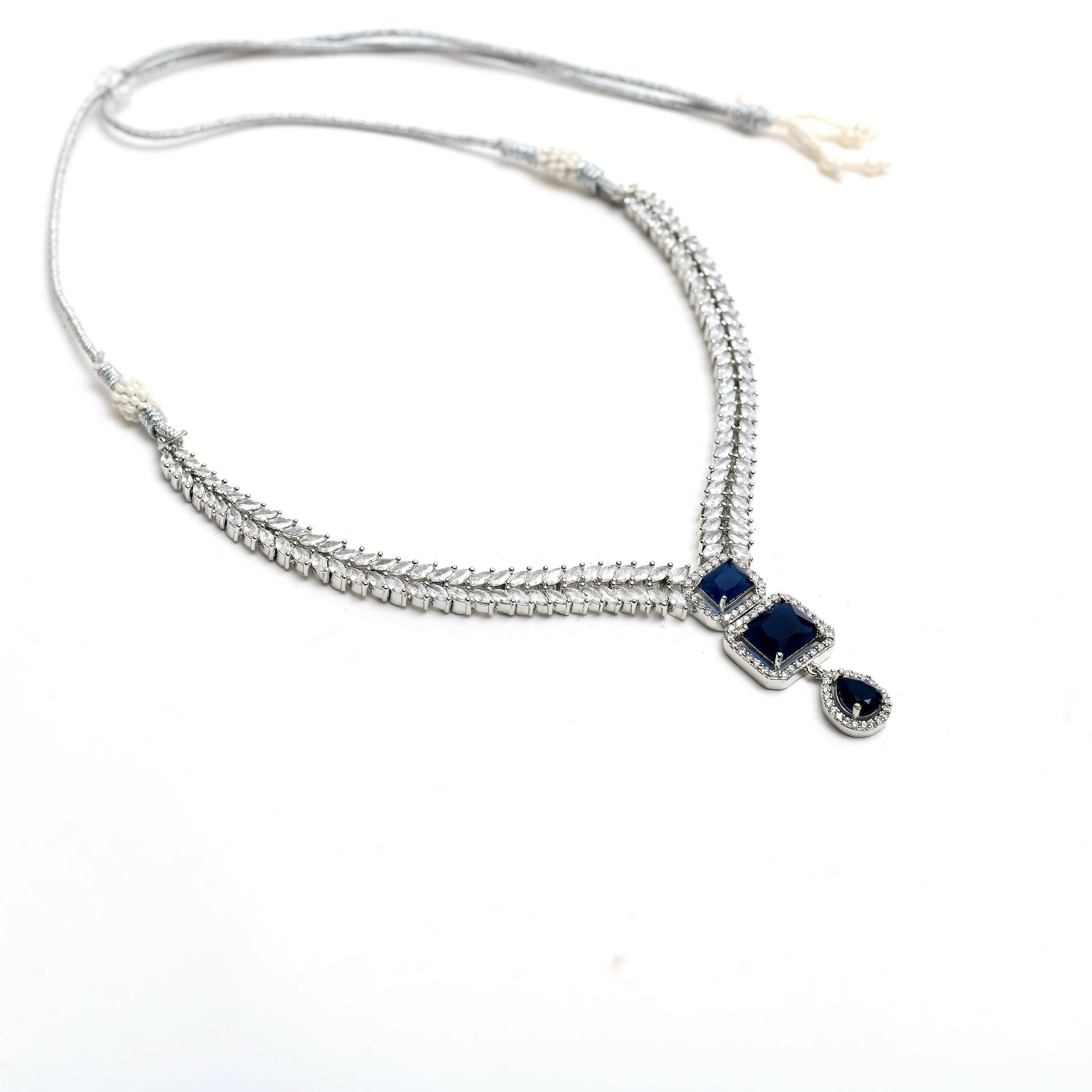 Mominos Fashion Johar Kamal Silver-Plated American Diamond Navy Blue Choker Set - Distacart
