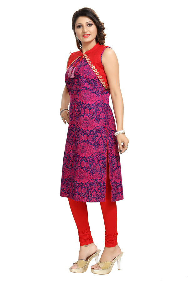Snehal Creations Pure Purple Jacket Style Printed Sleeveless Kurti For Daily Wear - Distacart