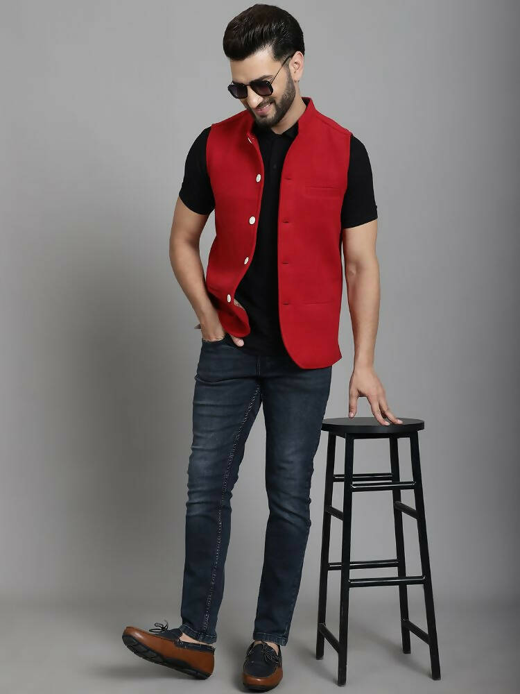 Even Apparels Nehru Jacket With Welt Pockets - Red - Distacart