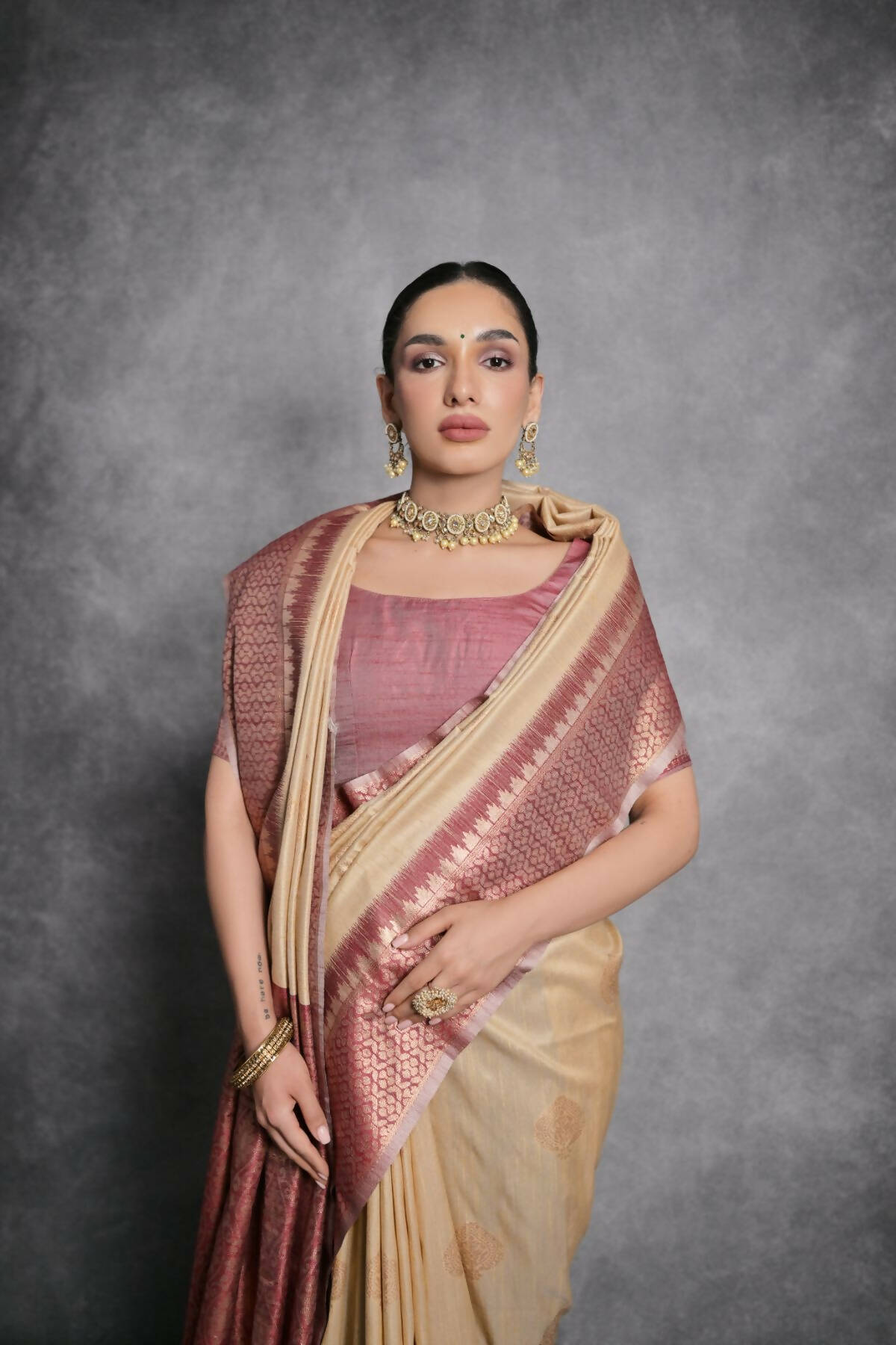 Vishnu Weaves Women's Chiku Tussar Silk Zari Woven Saree with Blouse - Distacart