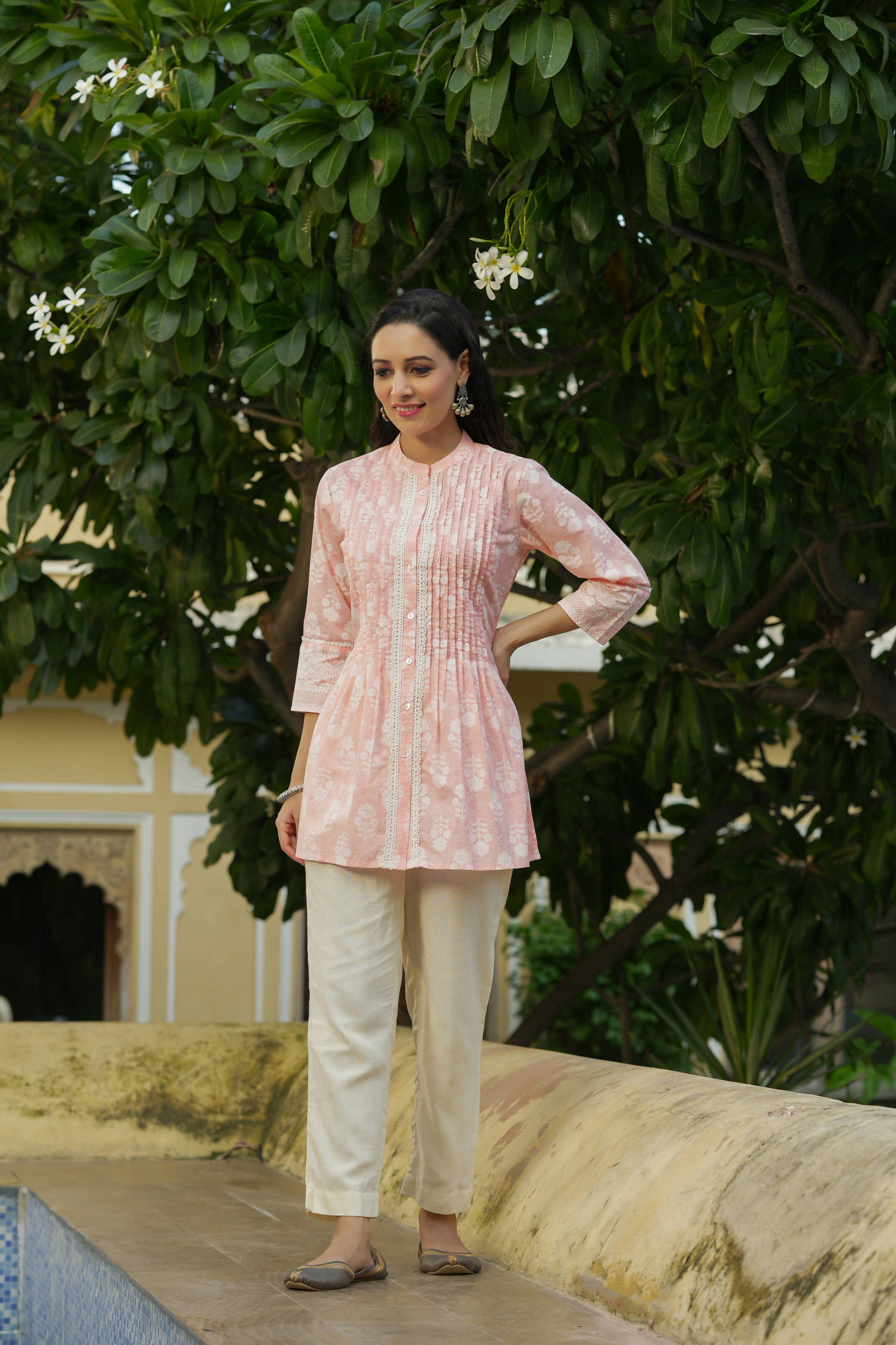 Juniper Women's Peach Cambric Placement Floral Printed Tunic - Distacart