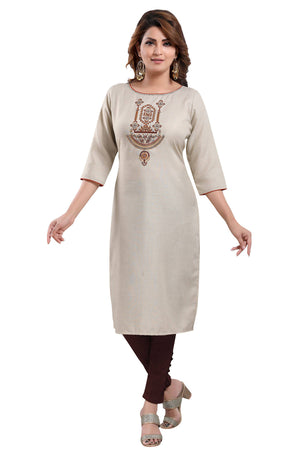 Snehal Creations Boastful Beige Color Casual Cotton Ladies Kurti With Embroidery - Distacart