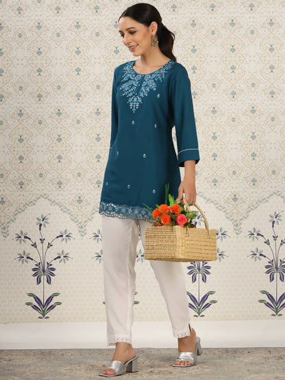 Teal Chinon Embroidered Straight Top - Zeny - Distacart