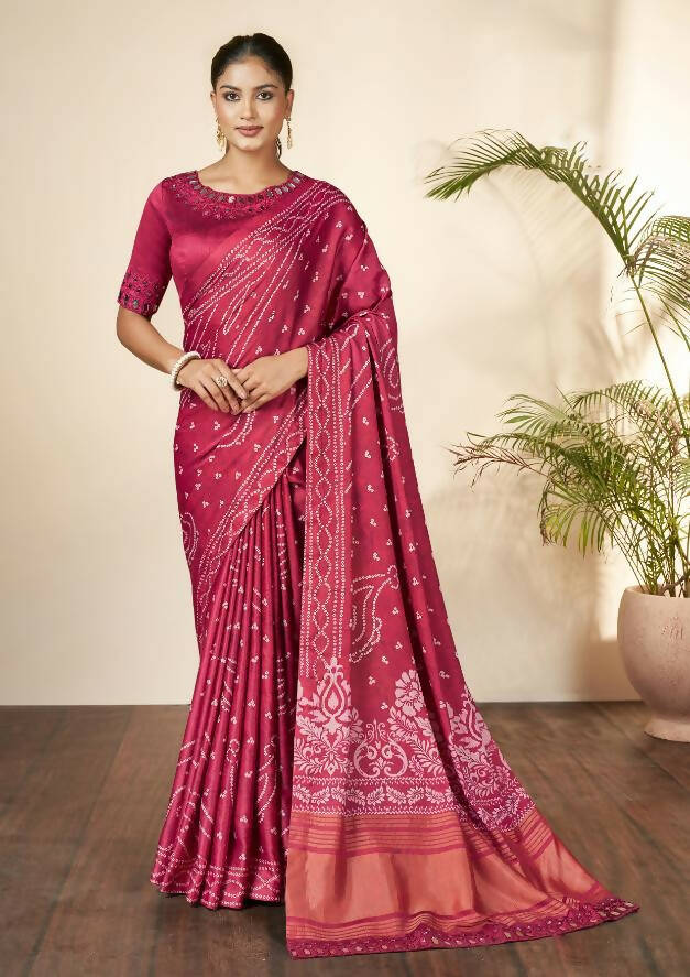 Pink Gajji Silk Bandhani Print with Mirror hand work Saree - Norita Nirvi - Distacart