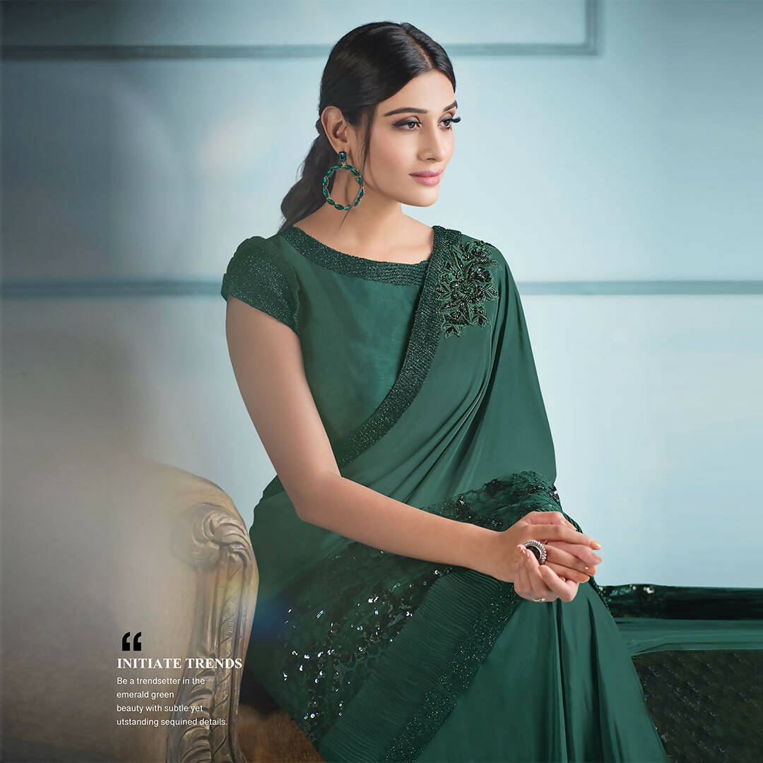 Green Lycra sequence Saree with Unstitched Blouse Piece - Norita Elaura - Distacart