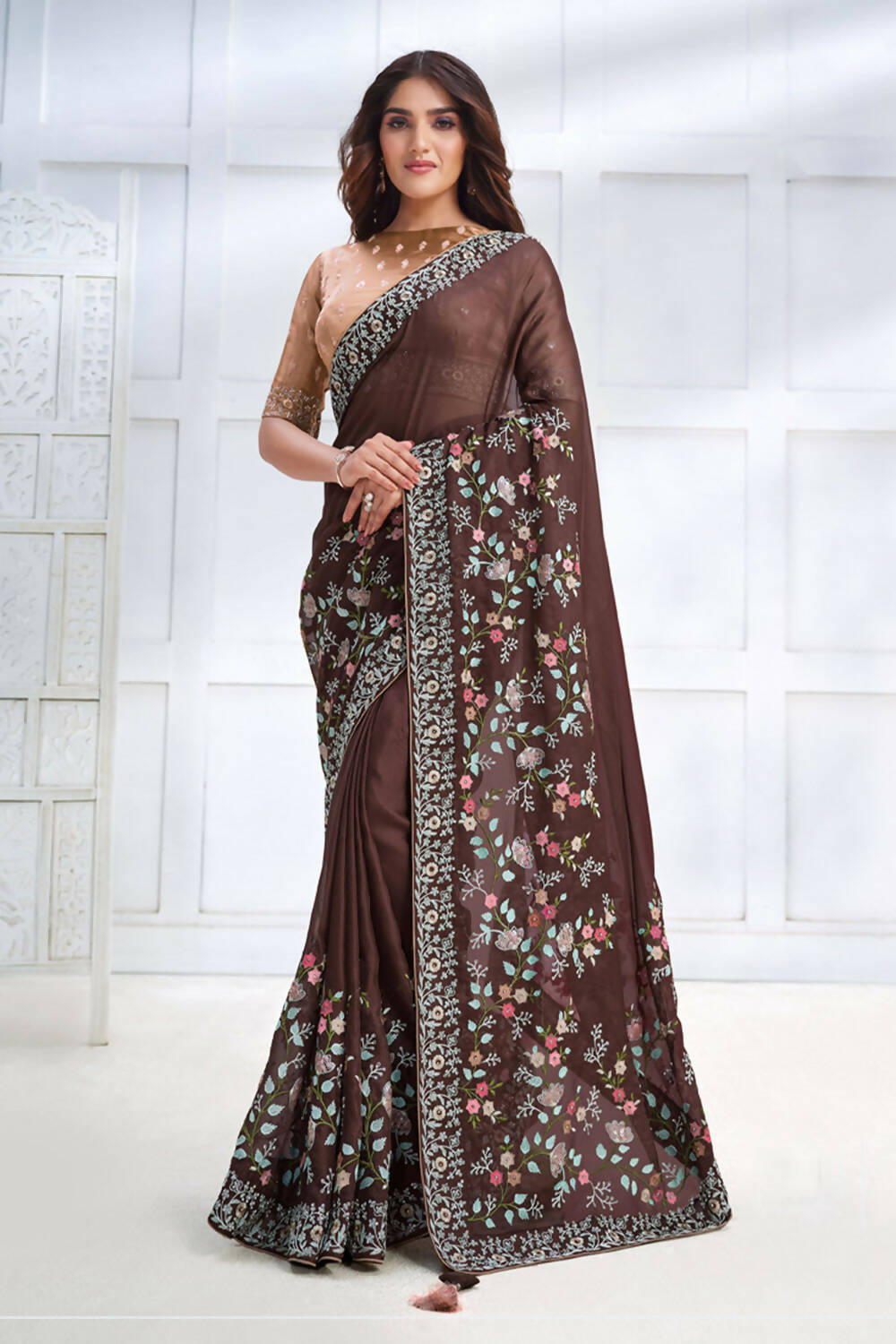 Brown Two Tone Georgette Silk Sequence Embroidered with Stone work Saree - Mohmanthan Majestica - Distacart