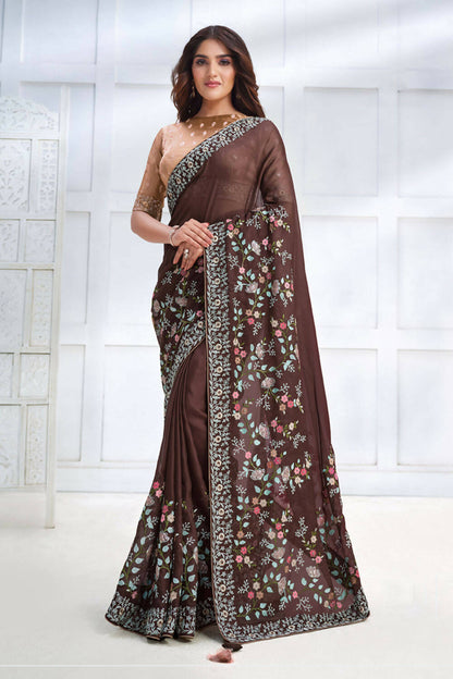 Brown Two Tone Georgette Silk Sequence Embroidered with Stone work Saree - Mohmanthan Majestica - Distacart