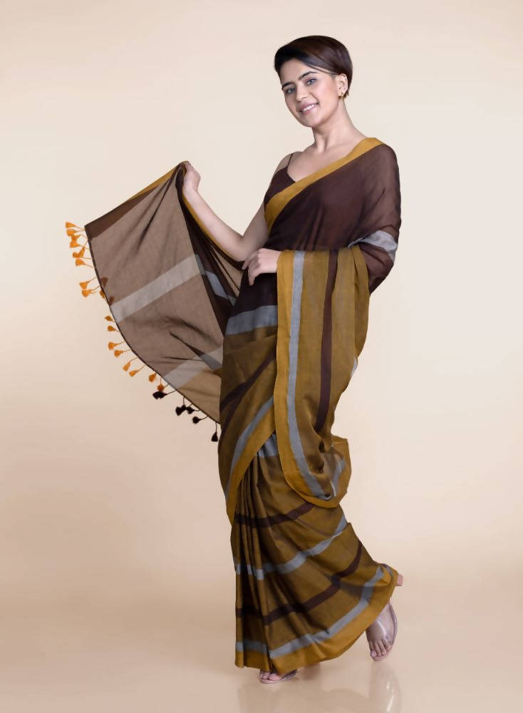 Suta Brown Yellow Colourblocked Mul Saree - Distacart