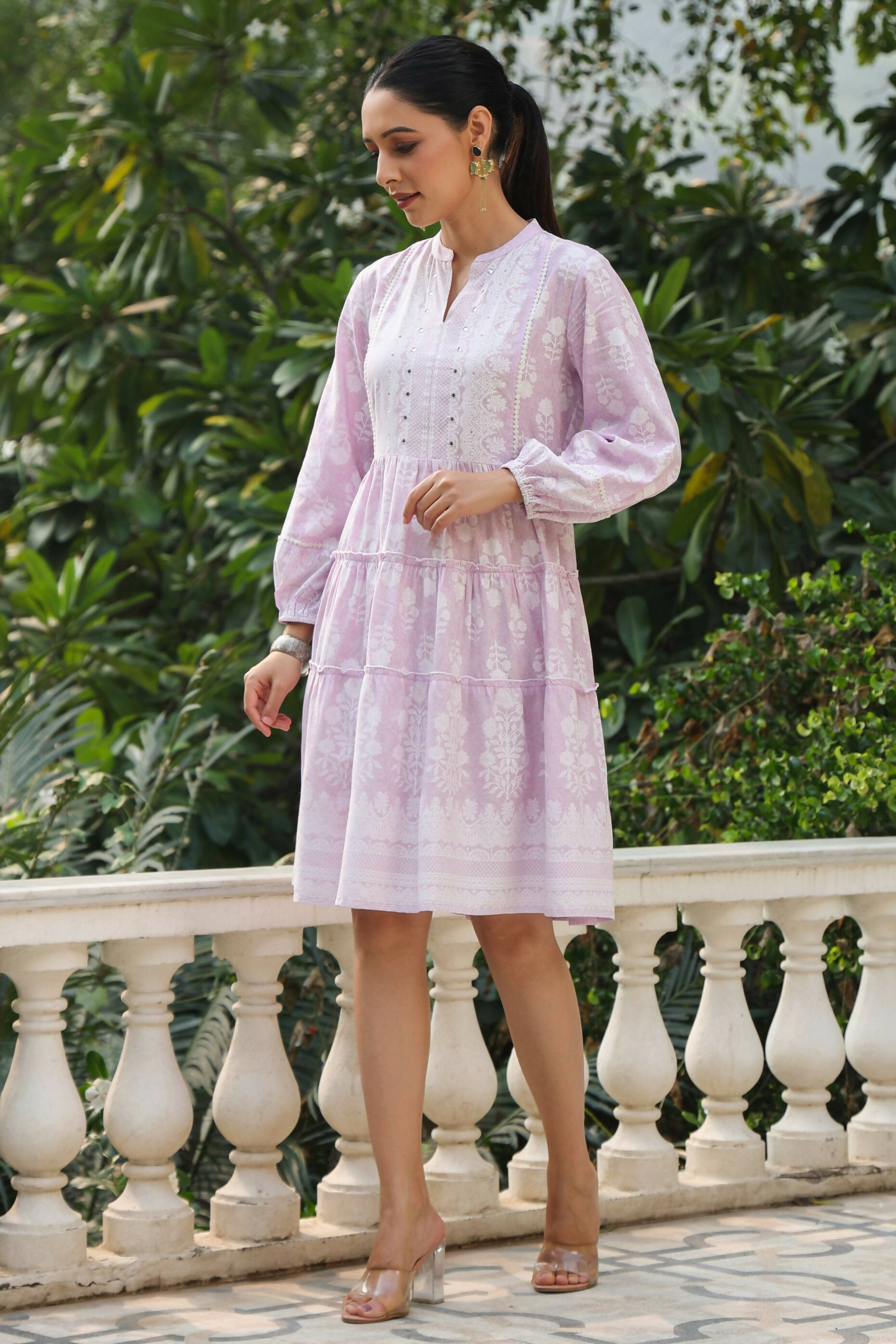 Juniper Women's Lavender Rayon Floral Printed Short Tiered Dress - Distacart