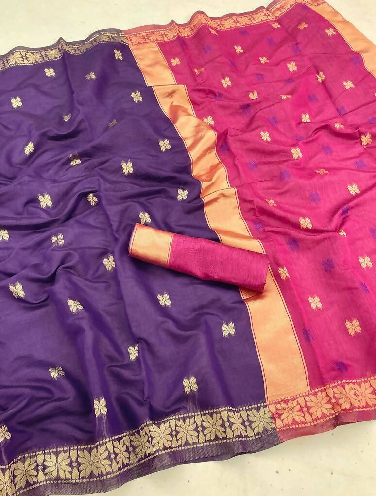DEIANA'S Beautiful Golden Jari with New Design Soft Cotton Saree - Purple - Distacart