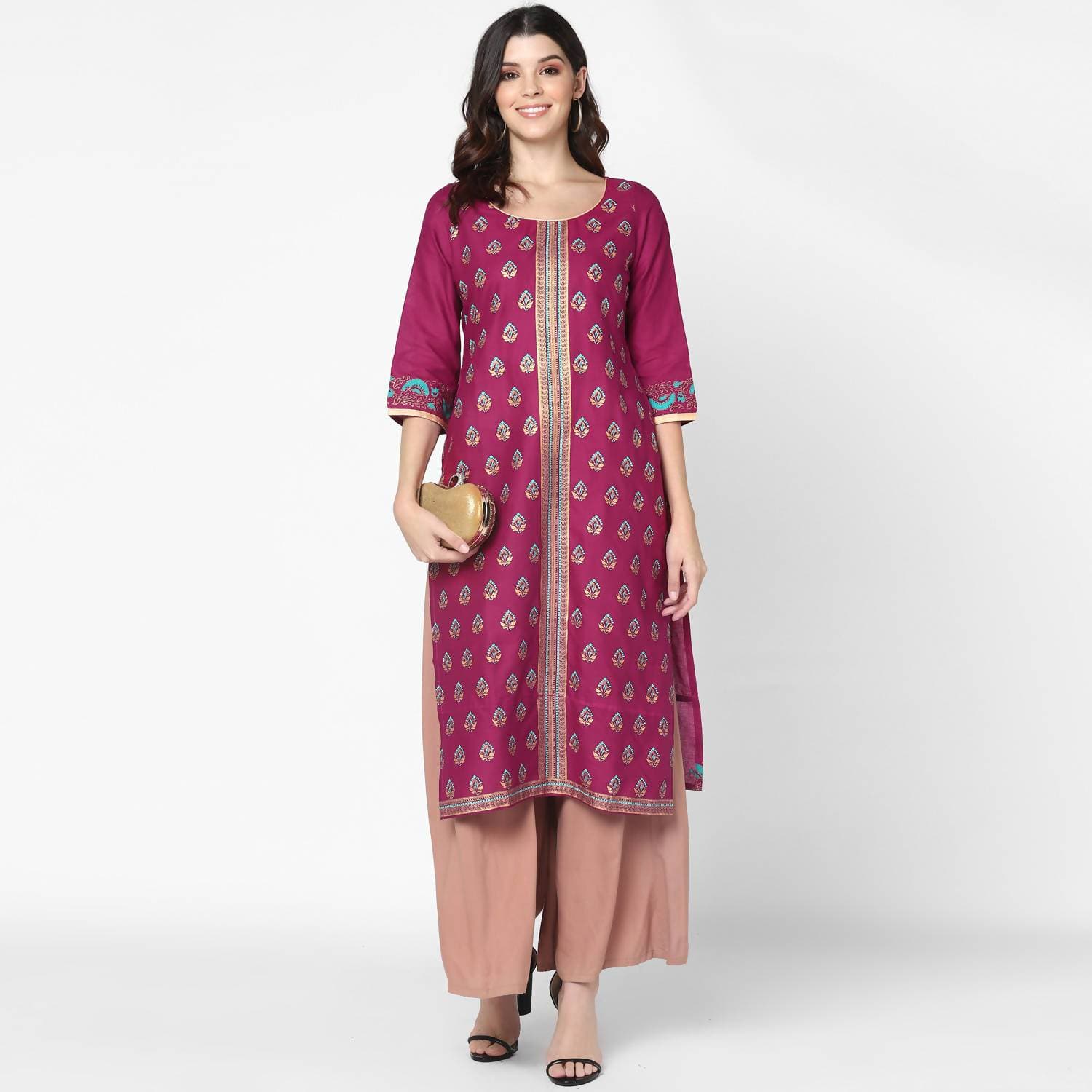 Cheera Hand Block Print Purple & Skin Color Straight Kurta With Palazzo (MAAI-075K)