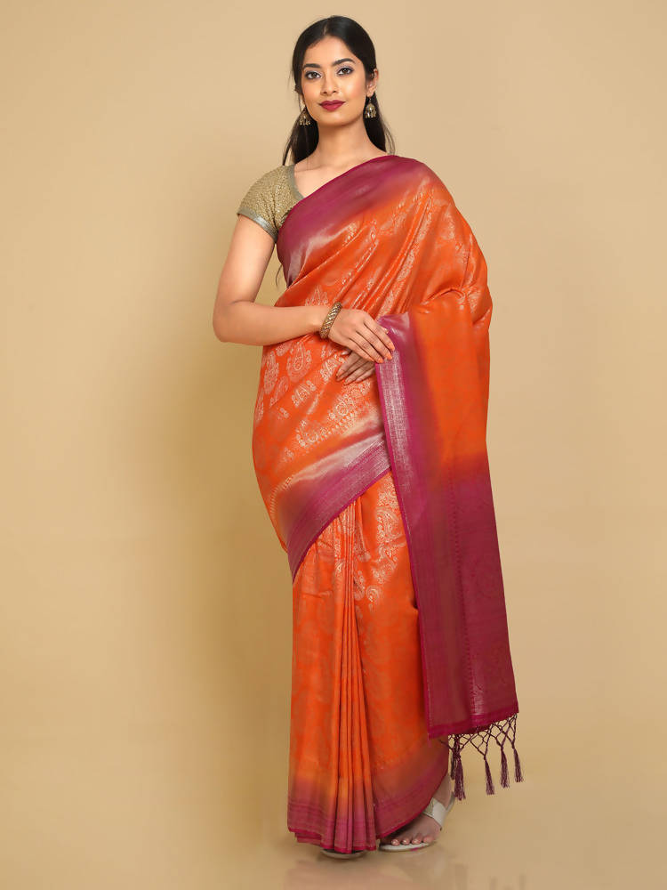 Kalamandir Ethnic Motifs Orange Silk Blend Saree