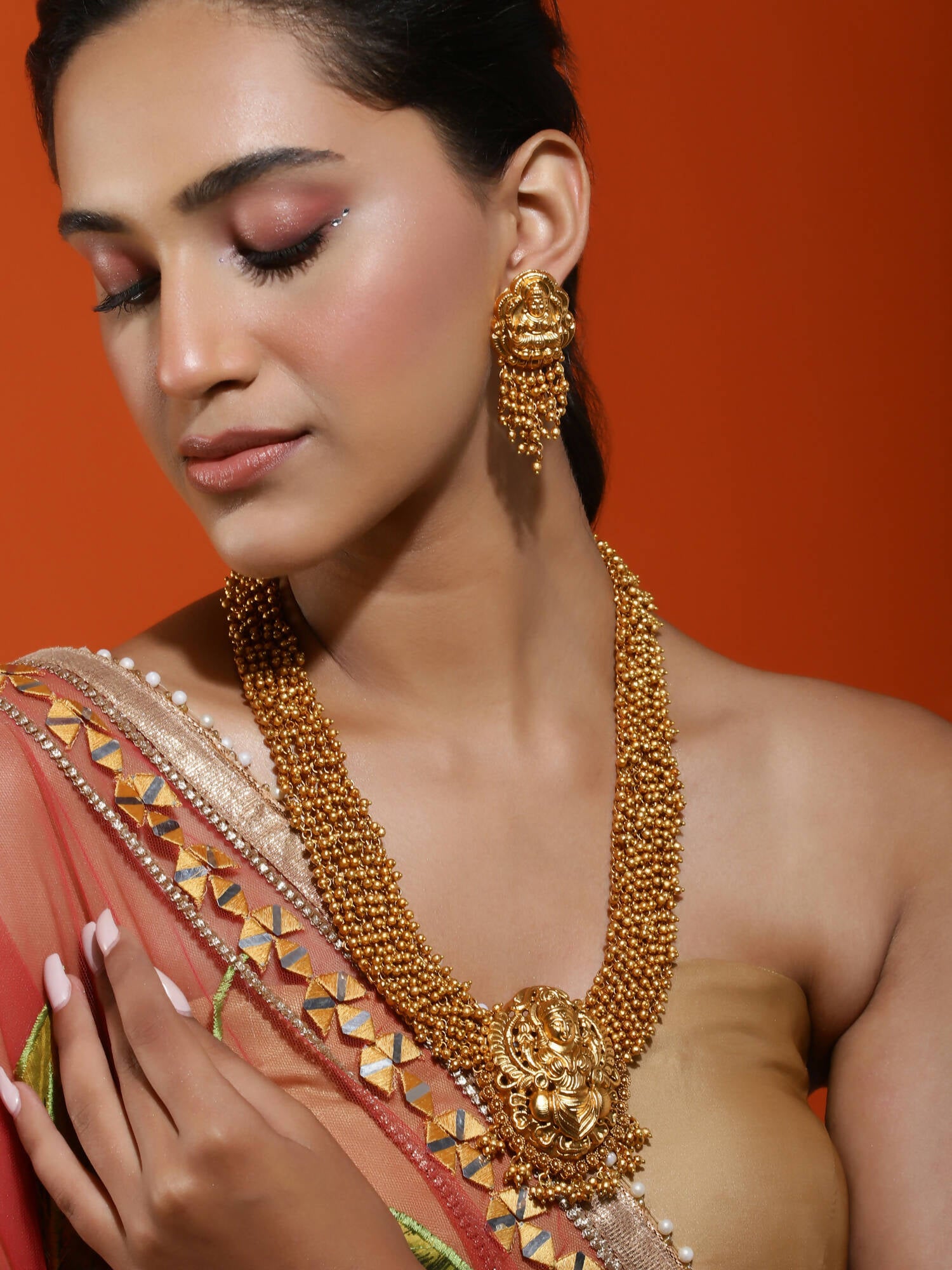 Gold-Plated Pearls Beaded Temple Jewellery Set - Ruby Raang - Distacart