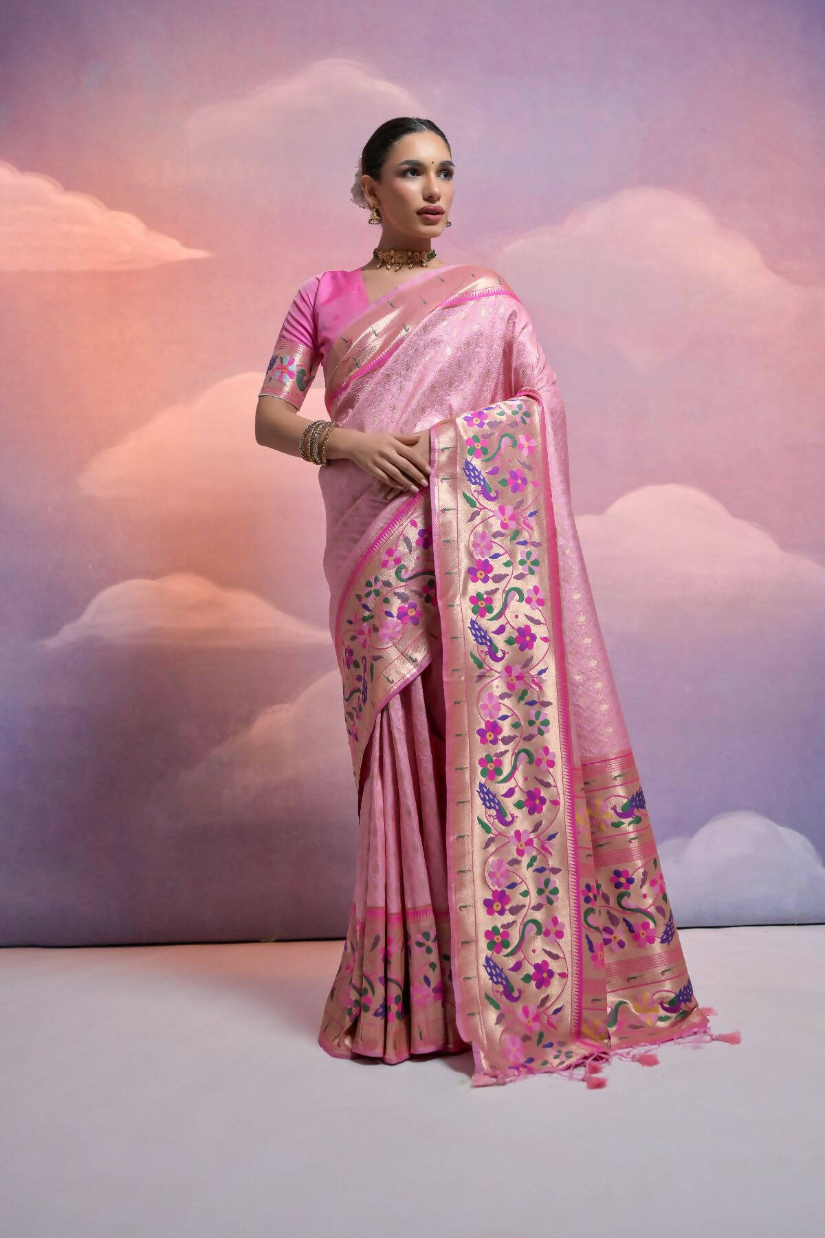 Vishnu Weaves Women's Baby-Pink Paithani Silk Zari Woven Saree with Blouse - Distacart