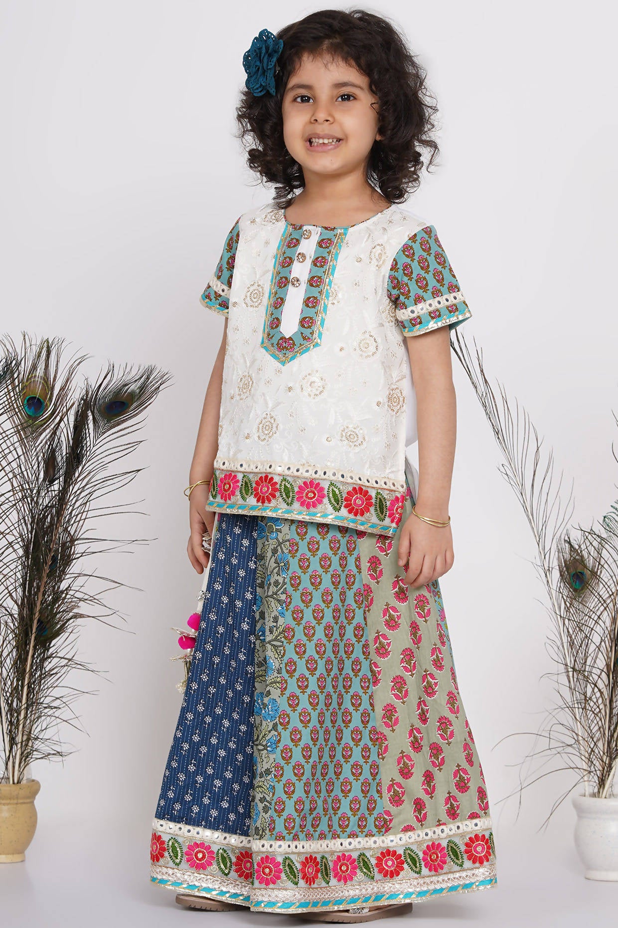 Little Bansi Cotton Embroidery Kurta With Lehenga & Tussel - White & Multicolor - Distacart