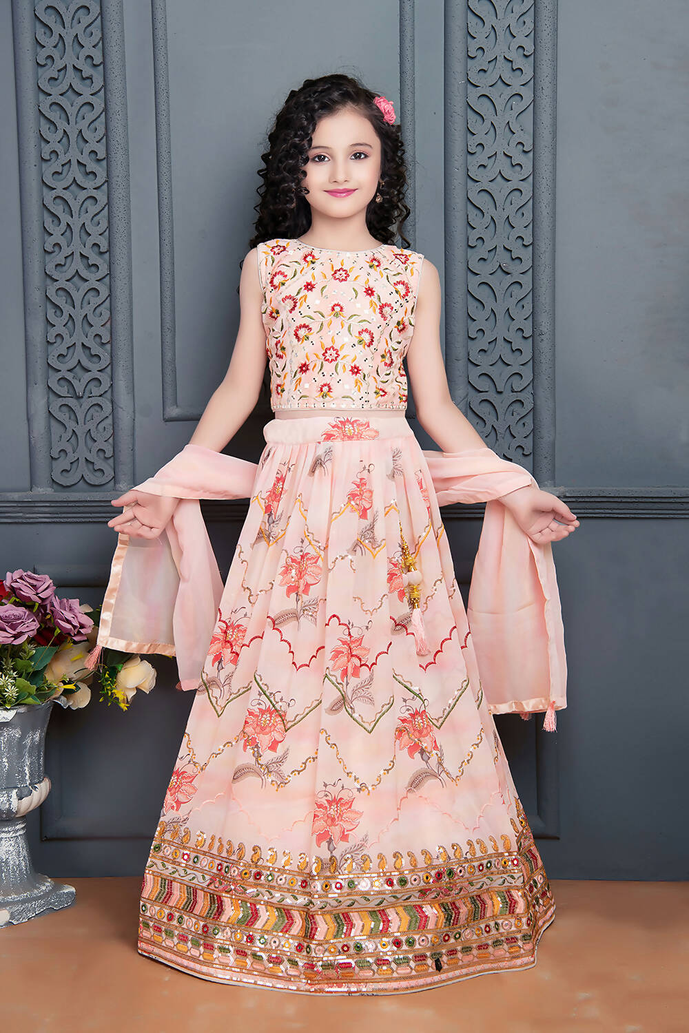Kids Wedding Designer Peach Heavy Georgette Lehenga Choli - Aaradhna - Distacart