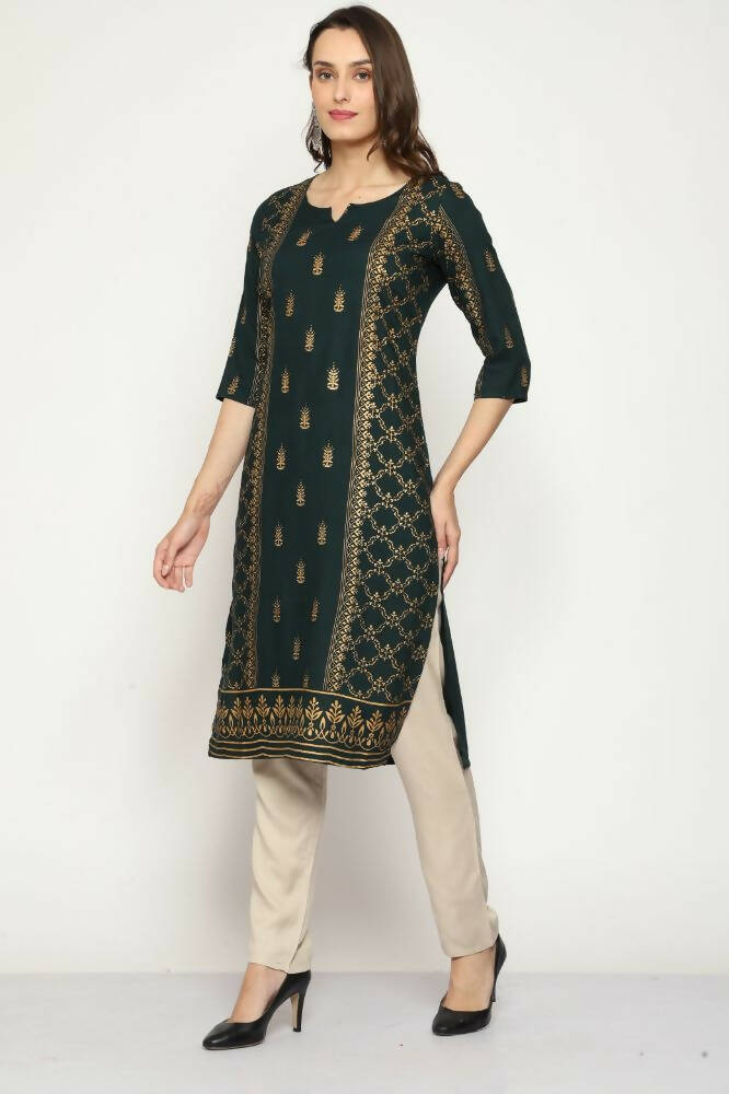 Maai Rayon Hand Printed Kurta Green - Distacart