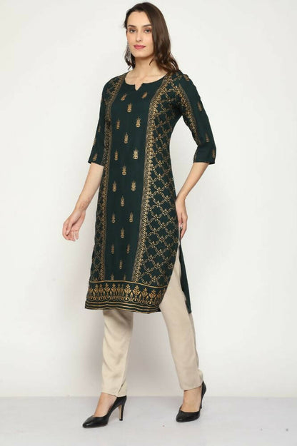 Maai Rayon Hand Printed Kurta Green - Distacart