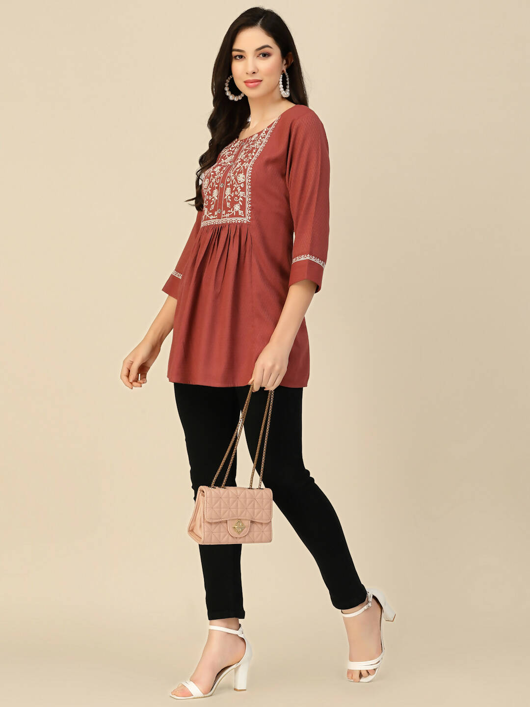 Brown Poly Rayon Floral Embroidered Top - Zeny - Distacart