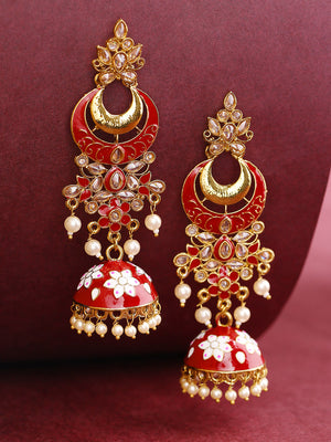 Priyaasi Women Gold-Plated Stones Studded Meenakari Jhumka Earrings in Maroon and White Color - Distacart