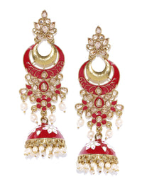 Thumbnail for Priyaasi Women Gold-Plated Stones Studded Meenakari Jhumka Earrings in Maroon and White Color - Distacart