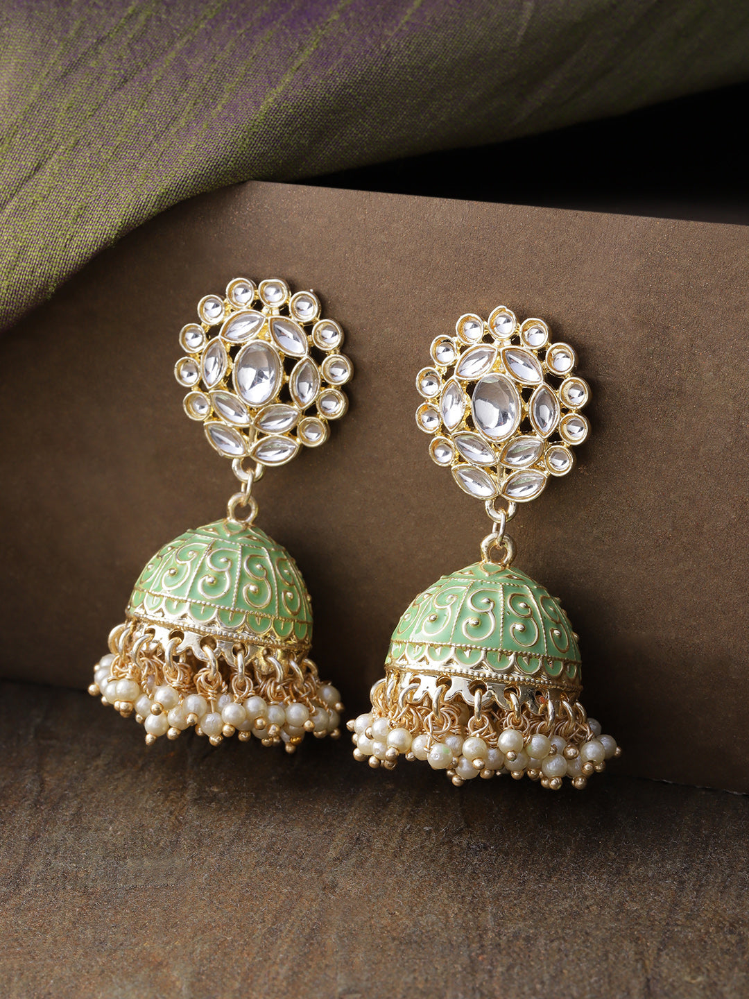 Priyaasi Women Gold-Plated Kundan Studded Floral Patterned Meenakari Jhumka Earrings in Green Color - Distacart