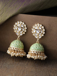 Thumbnail for Priyaasi Women Gold-Plated Kundan Studded Floral Patterned Meenakari Jhumka Earrings in Green Color - Distacart