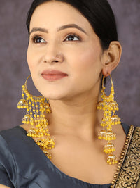 Thumbnail for Priyaasi Women Yellow Beads Gold Plated Hooped Traditional Drop Earrings - Distacart