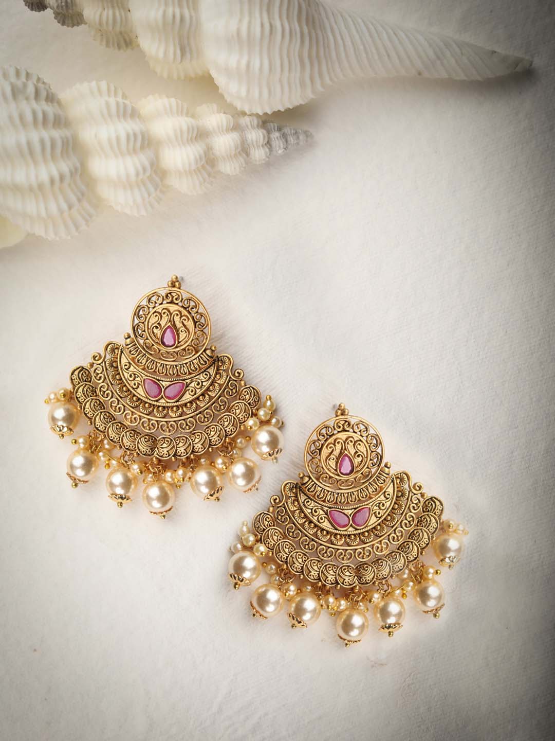 Shop Rubans Gold Plated AD & Beads Studded Chandbali Earrings Online at  Rubans